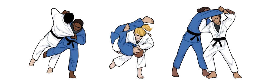 Illustration of three pairs of judoka practising throws in white and blue judogi